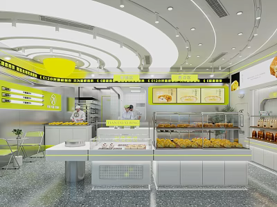Bright Modern Dessert Shop Interior Featuring Display Cases With Fresh Cakes Macarons And Pastries 3d model