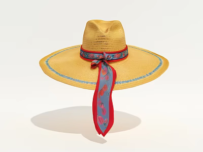 Wide Brim Straw Hat With Colorful Scarf Red Blue Patterns And Bow 3d model