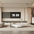 Modern Living Room Interior With Large TV Fireplace Beige Sofa And Marble Coffee Table