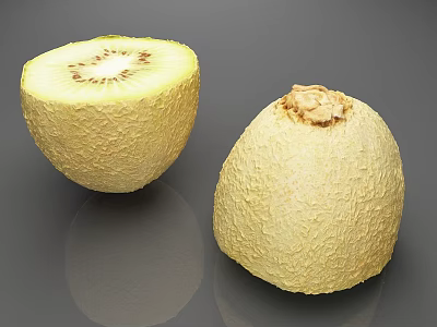 Whole and Halved Golden Kiwi Fruit with Textured Skin and Fresh Juicy Flesh 3d model