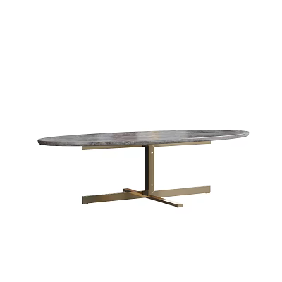 Oval Marble Top Coffee Table With Golden Metal Cross Base Design 3d model