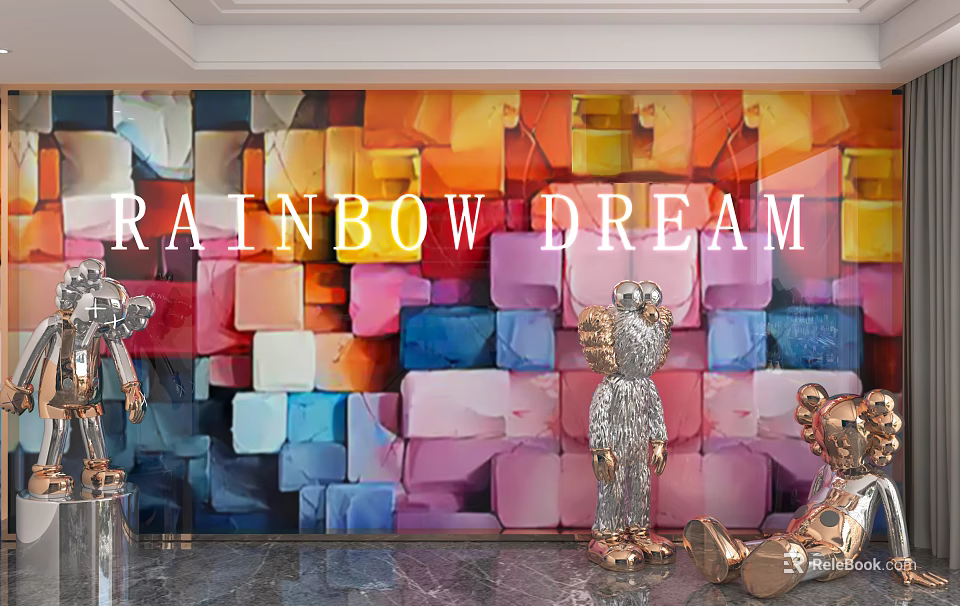 Artistic Rainbow Themed Background Wall With Colorful Cube Design And Metallic Sculptures 3d model 