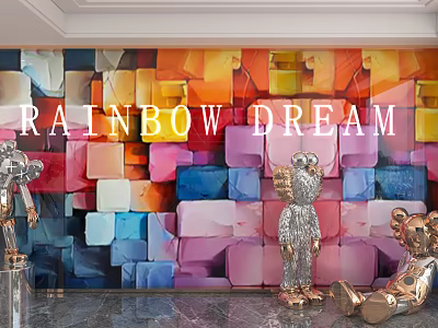 Artistic Rainbow Themed Background Wall With Colorful Cube Design And Metallic Sculptures 3d model