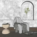 Beige Single Sofa with Checkered Blanket Wooden Table and Vase Green Plant in Curved Arch