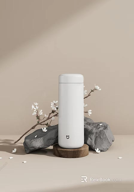 White Thermos With Stones And Flower Branch On Beige Background 3d model 