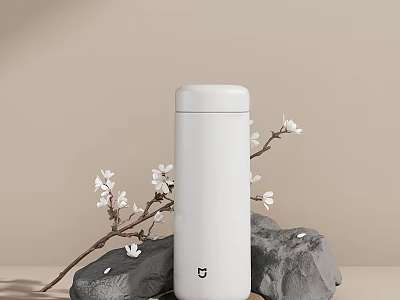White Thermos With Stones And Flower Branch On Beige Background 3d model