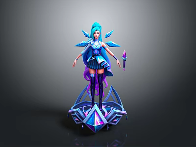 Fantasy 3D Character Model With Blue Hair Purple Boots Magic Staff And Geometric Base 3d model
