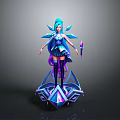 Fantasy 3D Character Model With Blue Hair Purple Boots Magic Staff And Geometric Base