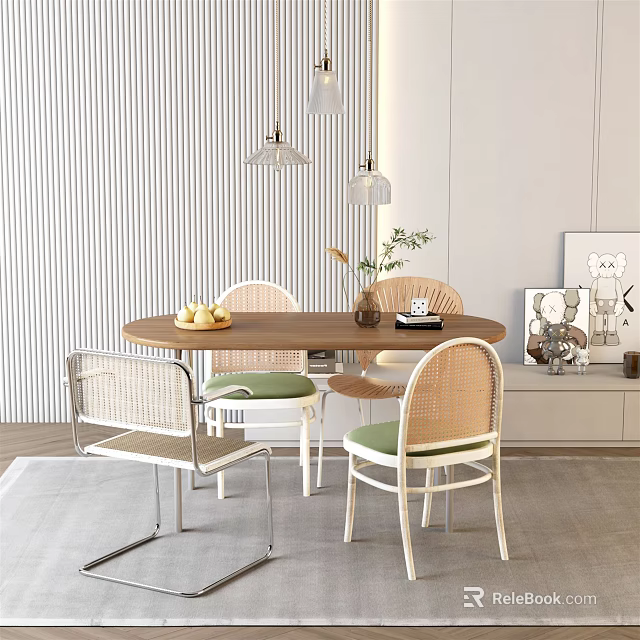 Dining Table Set With Round Wooden Top Woven Back Chairs Green Cushions Striped Wall Lights 3d model 