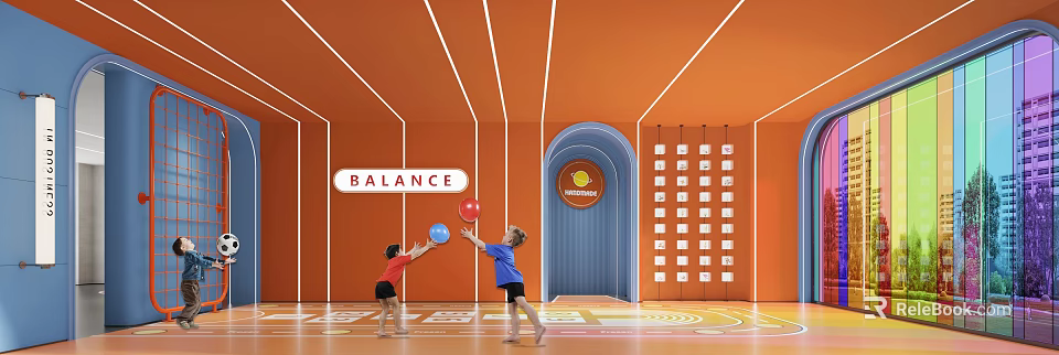Indoor Playground Scene With Kids Playing Balls And Orange Arched Doorway 3d model 