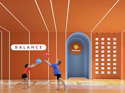 Indoor Playground Scene With Kids Playing Balls And Orange Arched Doorway 3d model