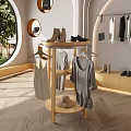 Modern Walk in Closet with Round Wooden Rack Hanging Clothes Shoes and Hat