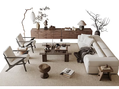 Modern Living Room Sofa And Coffee Table Set With Accent Chairs Decorative Plants And Rug 3d model