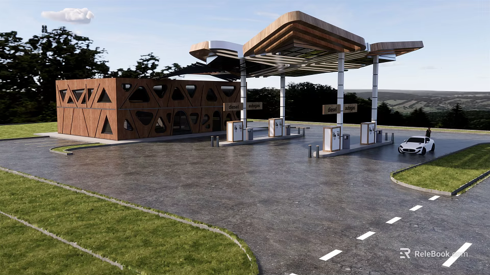 Modern Gas Station With Brown Geometric Facade Wooden Canopy Fuel Pumps And White Car 3d model 
