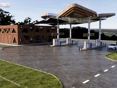Modern Gas Station With Brown Geometric Facade Wooden Canopy Fuel Pumps And White Car 3d model