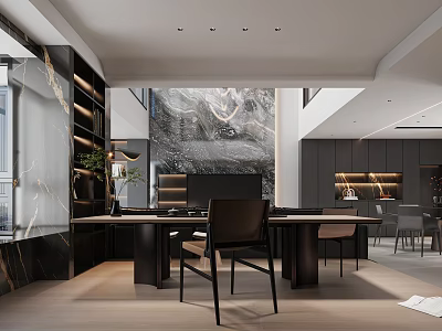 Modern Tea Room Interior With Dark Furniture And Marble Details 3d model