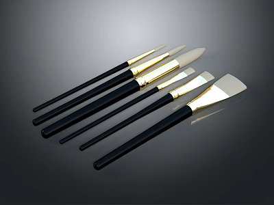 Set of Artistic Paintbrushes with Black Handles and Golden Tips 3d model