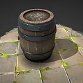 Wooden Barrel With Metal Hoops Round Lid On Stone Tiled Floor With Moss