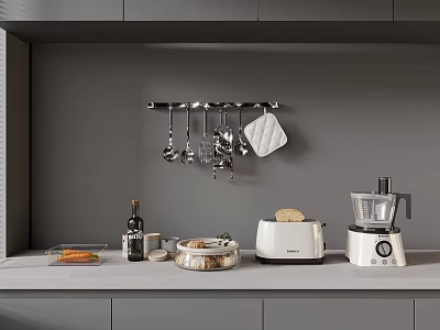 Modern Gray Kitchen Countertop With Toaster Food Processor And Hanging Utensil Rack 3d model