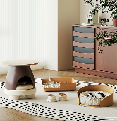 Indoor Pet Furniture Set With Cozy Bed Wooden Tray Bowls And Soft Cushion Design 3d model