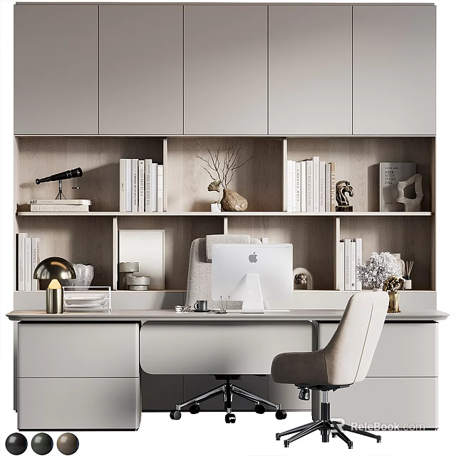 Modern Office Desk With Wooden Bookshelf Computer Books And Decorative Items 3d model 