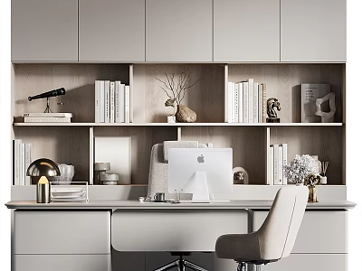 Modern Office Desk With Wooden Bookshelf Computer Books And Decorative Items 3d model