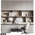 Modern Office Desk With Wooden Bookshelf Computer Books And Decorative Items