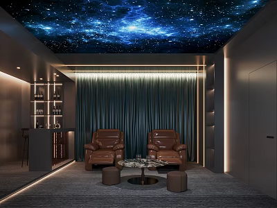 Home Theater With Starry Sky Ceiling And Leather Recliners 3d model