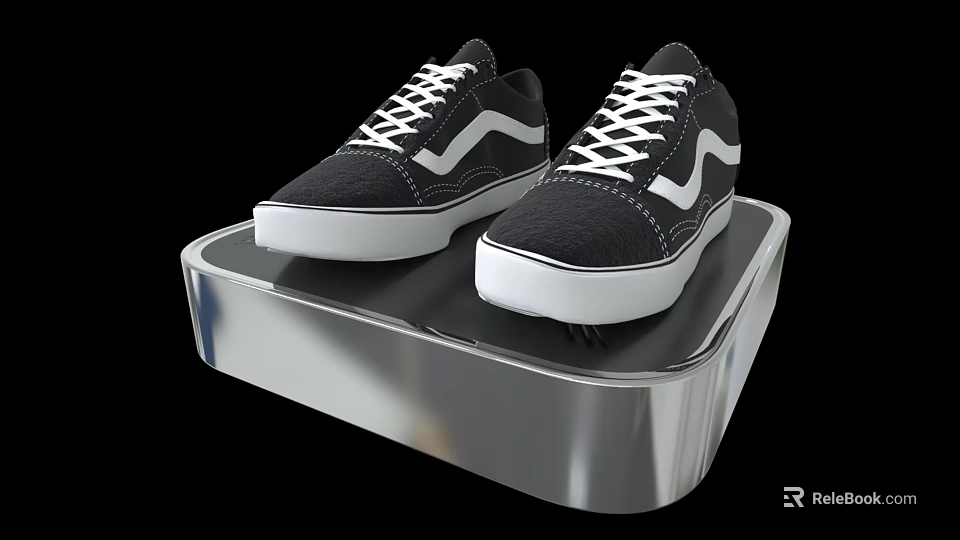 Black Shoes With White Laces White Soles And White Wavy Stripes On Silver Display Stand 3d model 