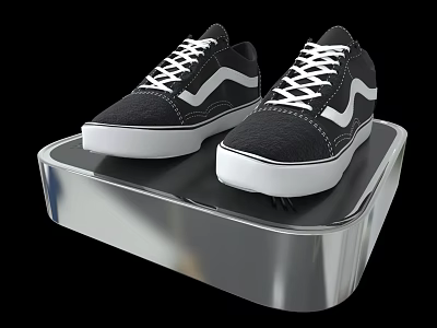 Black Shoes With White Laces White Soles And White Wavy Stripes On Silver Display Stand 3d model