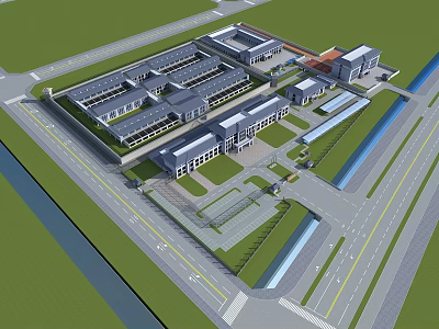 Modern Industrial Complex Aerial View Featuring Multiple Buildings Green Areas And Water Paths 3d model