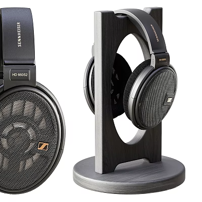 Sennheiser Over Ear HiFi Headphones With Wooden Stand And Metal Grille Design 3d model