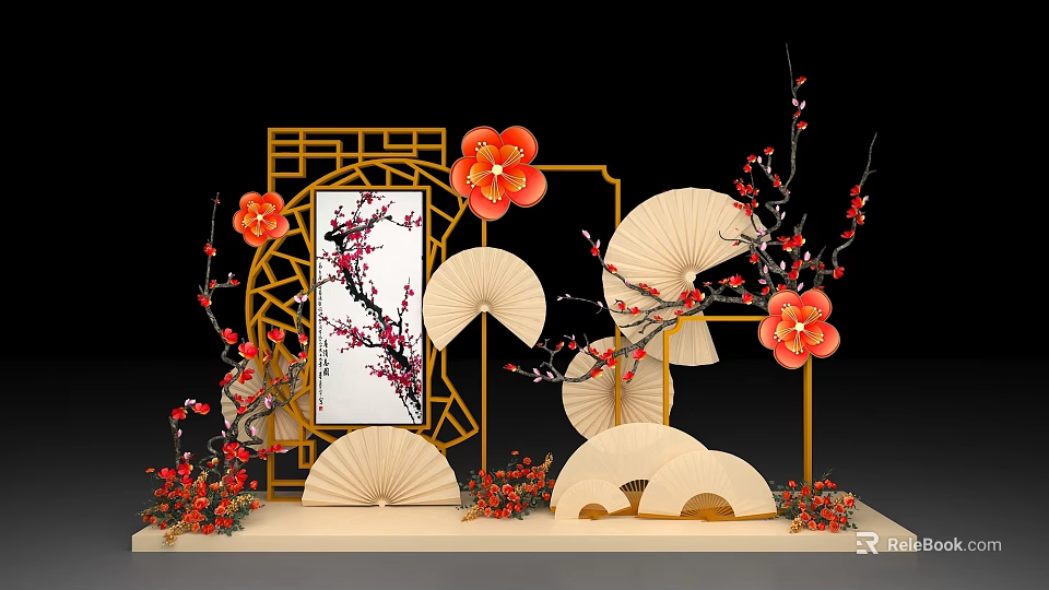 Traditional Chinese Decorative Setup With Plum Blossoms Red Flowers Folding Fans And Carved Lattice 3d model 
