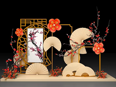 Traditional Chinese Decorative Setup With Plum Blossoms Red Flowers Folding Fans And Carved Lattice 3d model
