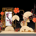 Traditional Chinese Decorative Setup With Plum Blossoms Red Flowers Folding Fans And Carved Lattice