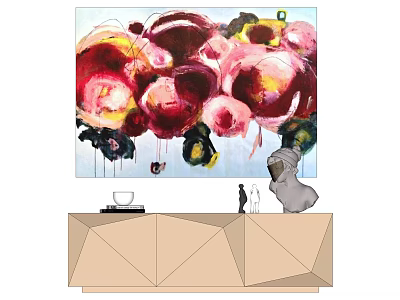 Vibrant Abstract Floral Painting Above Geometric Console Table With Decorative Items 3d model