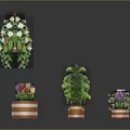 Beautiful Garden Decorative Pieces With Hanging Flower Baskets Colorful Blooms And Wooden Planters