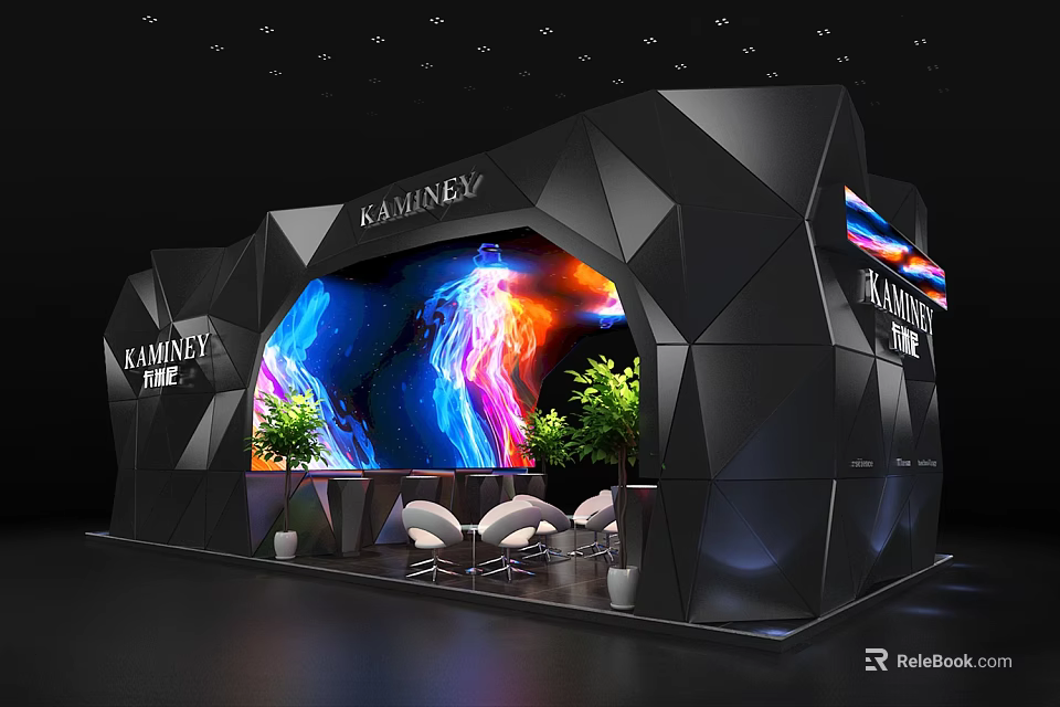 KAMNEY Exhibition Booth With Black Polygonal Design Large Screen Colorful Abstract Pattern Plants And Chairs 3d model 