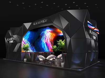KAMNEY Exhibition Booth With Black Polygonal Design Large Screen Colorful Abstract Pattern Plants And Chairs 3d model