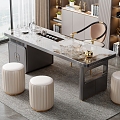 Modern Tea Table and Chair Combination Marble Tea Table Rock Board Tea Table Metal Chair Sofa Stool Tea Set Bookcase Kettle 3d model