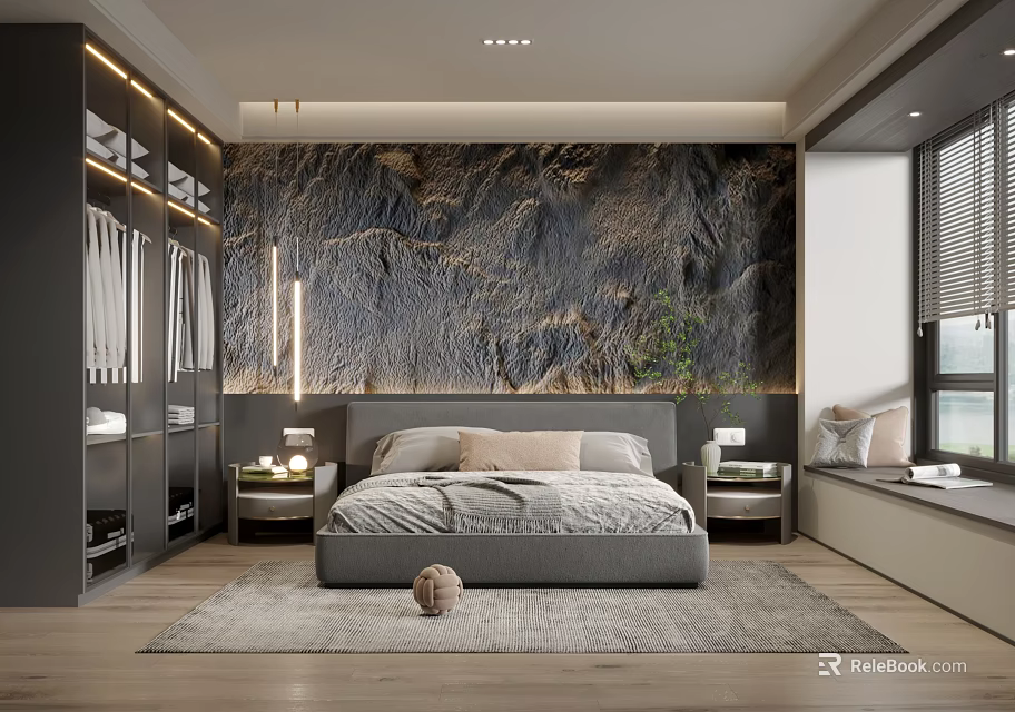 Modern Bedroom Interior With Mountain Textured Wall Gray Bed Wooden Nightstands And Area Rug 3d model 