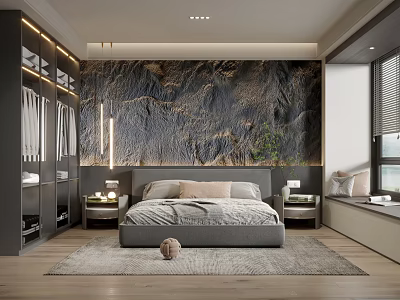 Modern Bedroom Interior With Mountain Textured Wall Gray Bed Wooden Nightstands And Area Rug 3d model