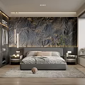 Modern Bedroom Interior With Mountain Textured Wall Gray Bed Wooden Nightstands And Area Rug