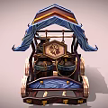 Mythical Style Wooden Mobile Cart With Blue Decorations Ornate Roof And Metal Canisters
