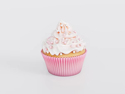 Freshly Baked Delicious Cupcake with Pink Paper Wrapper White Swirl Frosting and Tiny Pink Sprinkles 3d model