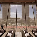 Modern Building Entrance With Paved Ground Glass Doors And Side Water Features