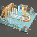 AUX Exhibition Booth Modern Design With Stairs Display Areas Checkerboard Floor And Reception Counter