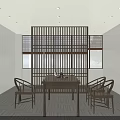 Serene Chinese Tea Room With Wooden Table Chairs Lattice Partition And Wall Art