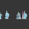 Cartoon Scene Of Colorful Futuristic Cityscape With Various Buildings And Structures