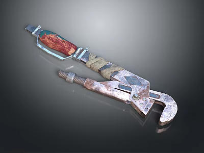 Vintage Adjustable Wrench With Wooden Handle And Wrapped Rope Strap Industrial Tool 3d model